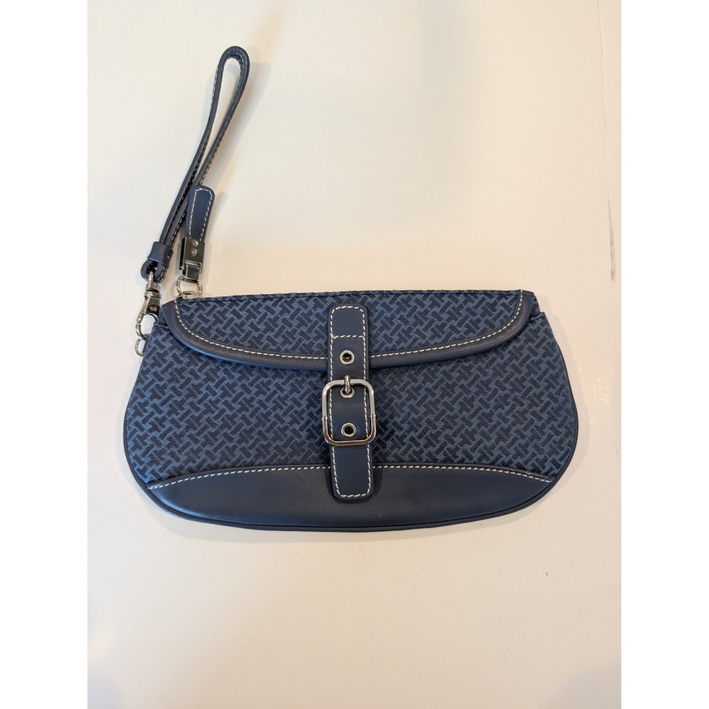 Talbots Blue Fabric Wrislet with Dark Blue Leather Trim Zip Top Vintage